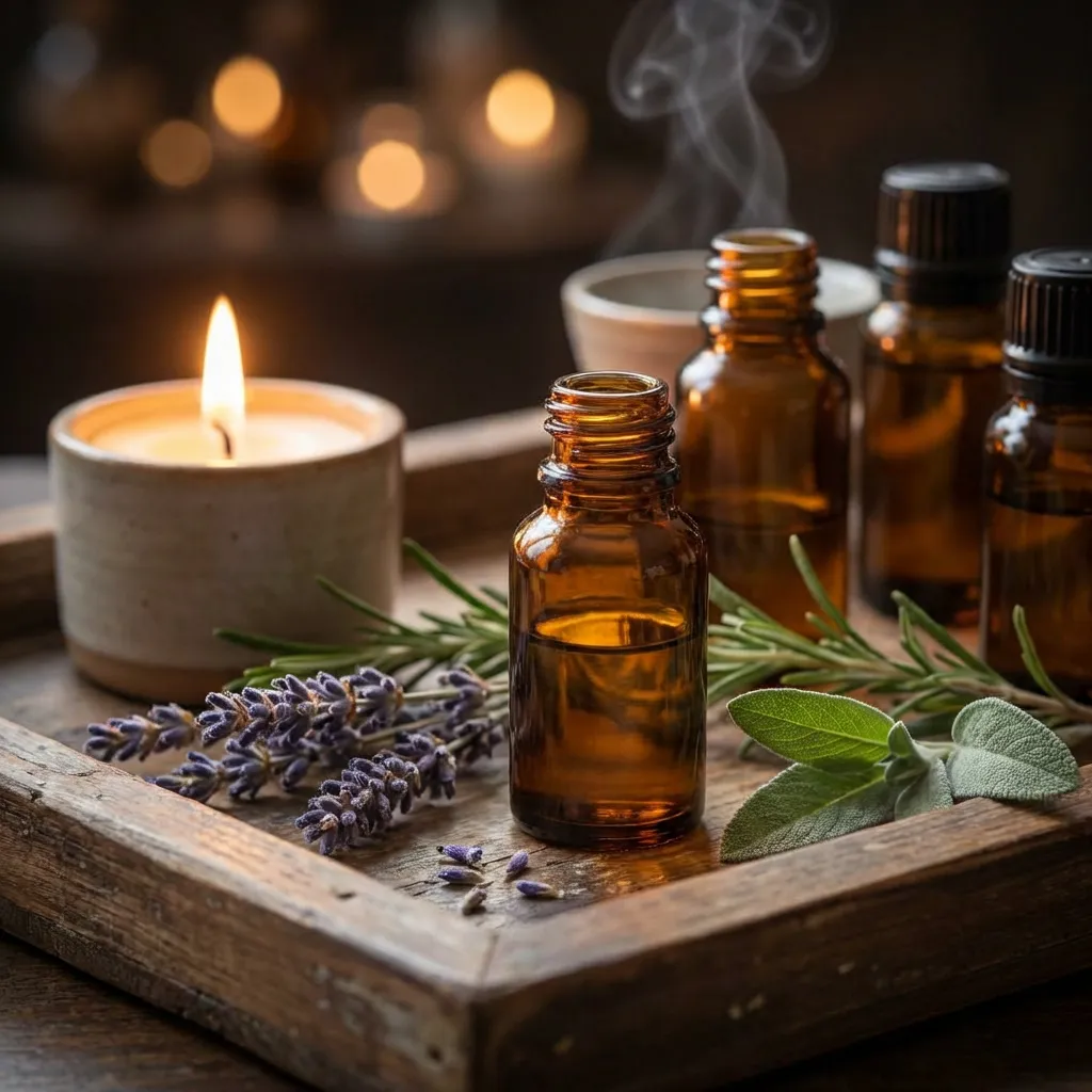 Essential oils and herbs on a wooden tray with candlelight